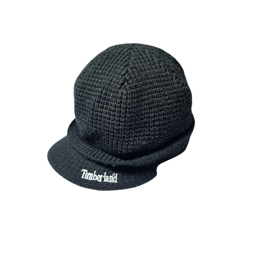 Timberland Waffle Knit Visor Beanie Hat Black Embroidered Logo Thermal OS